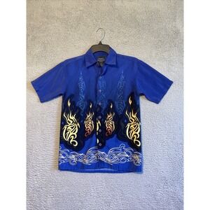 Extreme Gear Blue Flame Tribal Tattoo Print Short Sleeve Button Up Shirt Size S